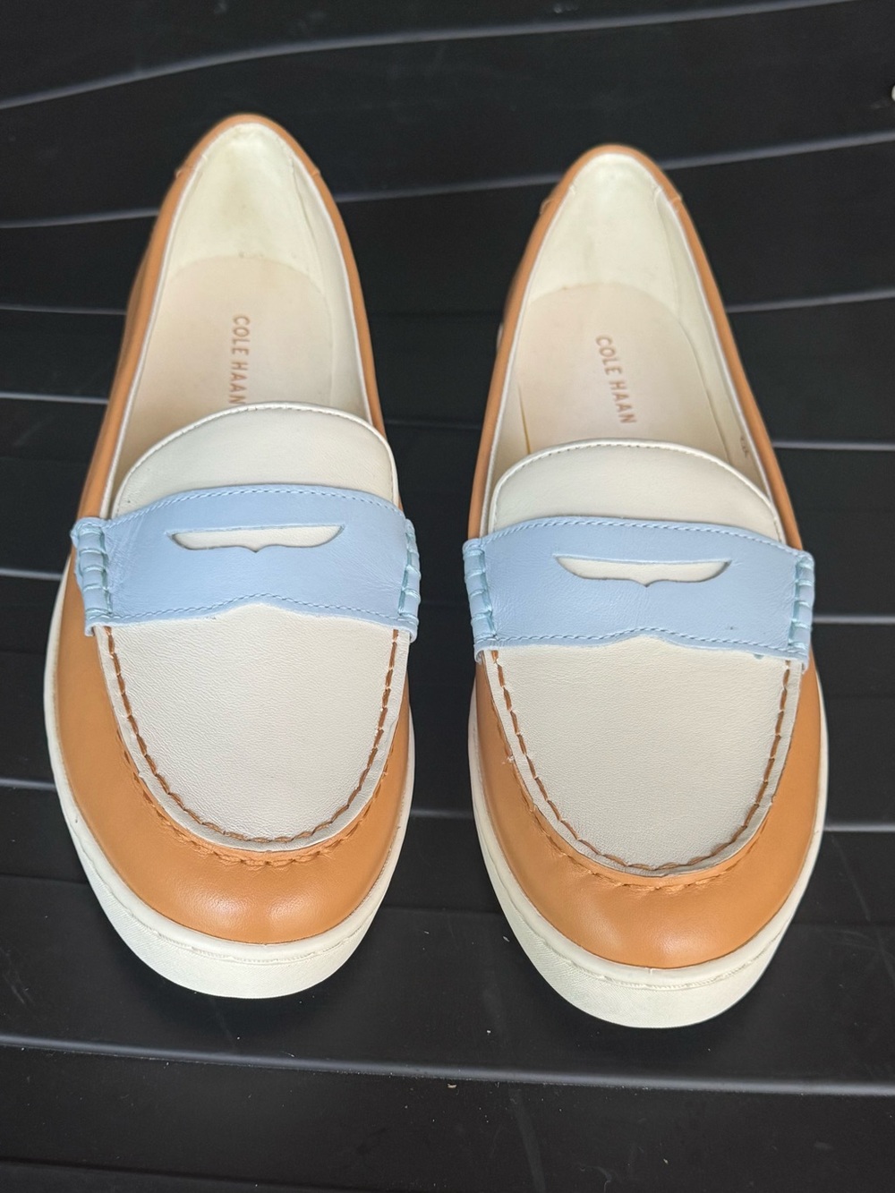 New Women Cole Haan Tan, Light Blue & Cream Leather Penny Loafers